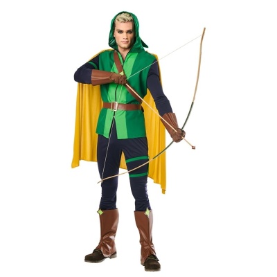 Fantasia de arqueiro verde com capa amarela e arco