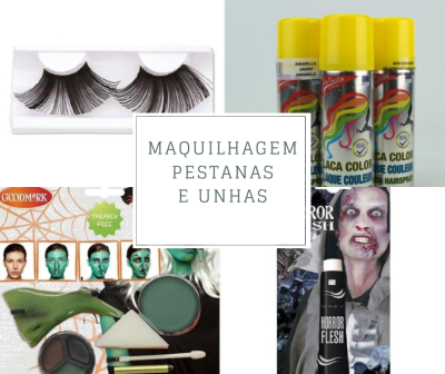 Produtos de maquilhagem para Halloween incluindo pestanas falsas, sprays para cabelo amarelos, maquilhagem facial verde e produto 'HORROR FLESH' em fundo claro