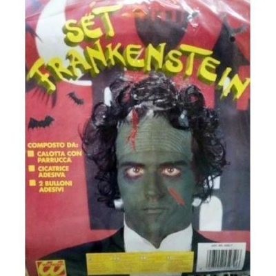 Embalagem do set Frankenstein com maquiagem e peruca