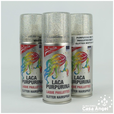 Três latas de spray de cabelo com glitter da marca La Fiesta com tampa transparente e etiqueta colorida
