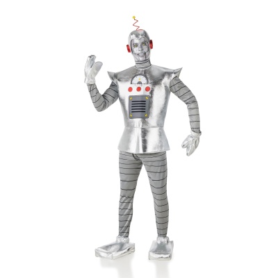 Fantasia de robô metálico prateado com antena e detalhes vermelhos