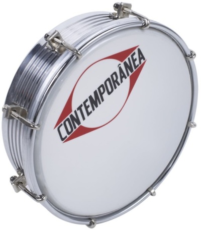 Pandeiro branco com armação metálica prateada e marca CONTEMPORÂNEA