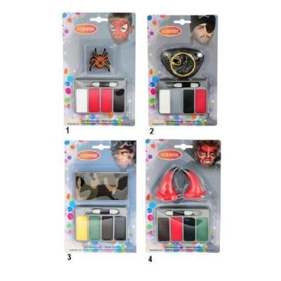 Conjuntos de maquilhagem temática com diferentes padrões e cores em embalagens transparentes.