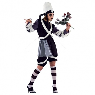 Fato fantasia preto, cinzento e branco com riscas e flores vermelhas