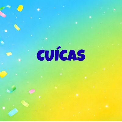 Fundo colorido com confetes e texto CUÍCAS em azul