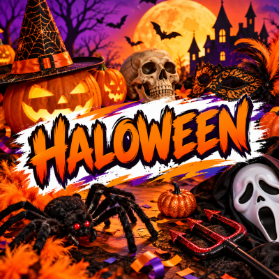 Abóbora de Halloween com chapéu de bruxa, crânio, máscaras, aranha e tridente num cenário assustador.