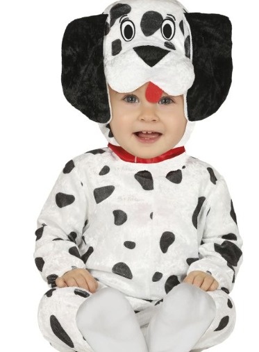 Fato de bebê com padrão de pintas pretas e brancas, com orelhas e focinho de cão.