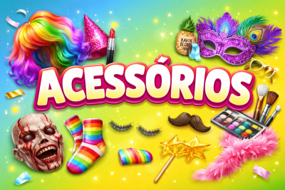 Acessórios coloridos para festa sobre fundo gradiente com texto ACESSÓRIOS.