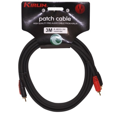 Cabo de áudio patch Kirlin preto com conectores RCA vermelhos e pretos na embalagem preta