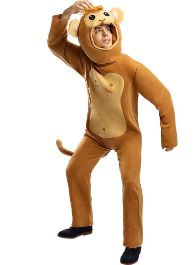 Fato de macaco castanho com orelhas e cauda, usado por pessoa