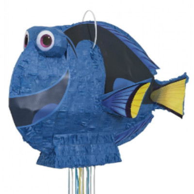 Piñata de peixe azul com nadadeiras amarelas e olhos grandes