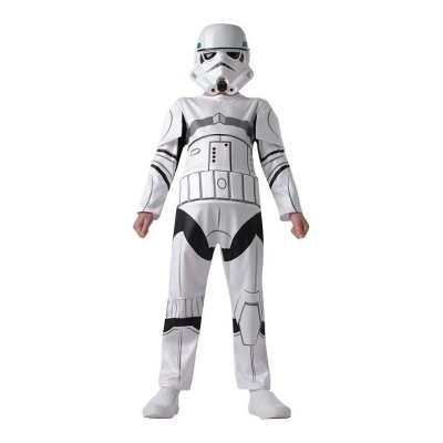Criança com fantasia de Stormtrooper branca e preta e capacete correspondente