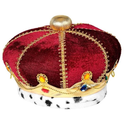 Coroa de veludo vermelho e dourado com pedrarias coloridas