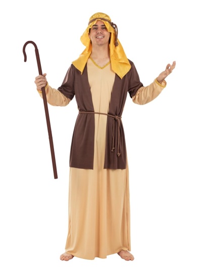 Fato de pastor tradicional bege e castanho com lenço amarelo e cajado.