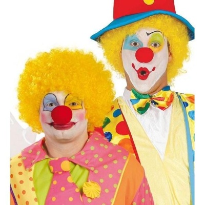 Dois palhaços com roupas coloridas e perucas amarelas