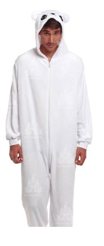 Macacão branco com capuz de urso polar, fecho de correr