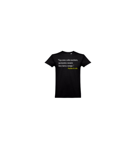 T-shirt preta com texto em branco e amarelo