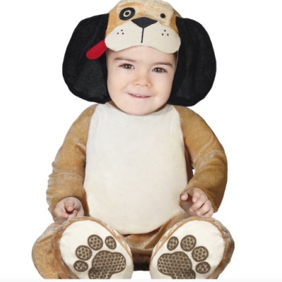 Fato de bebé em forma de cão com capuz e patas desenhadas nos pés