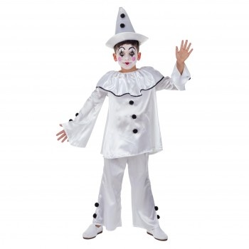Fato branco de Pierrot para criança com botões pretos e chapéu cónico
