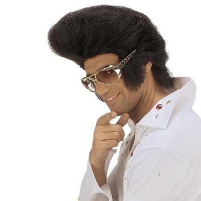 Homem com cabelo volumoso e óculos grandes em camisa branca estilo Elvis Presley