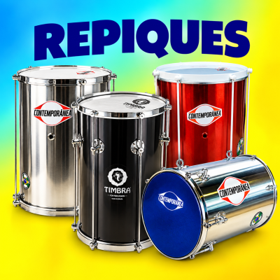 Quatro repiques de percussão metálicos coloridos com logotipos CONTEMPORÂNEA e TIMBRA e texto REPIQUES ao fundo