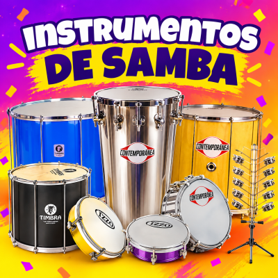 Instrumentos de samba variados com fundo colorido