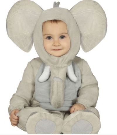 Fato de elefante para bebé com orelhas grandes, tromba e presas em tecido cinzento.