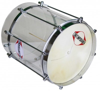 Tambor transparente com ferragens cromadas e peles brancas com etiquetas CONTEMPORÂNEA