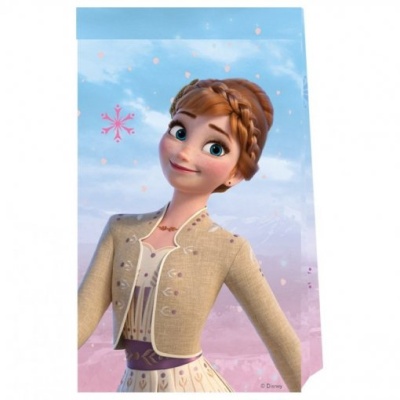 Saco de plástico com imagem da personagem Anna do Frozen e flocos de neve rosa