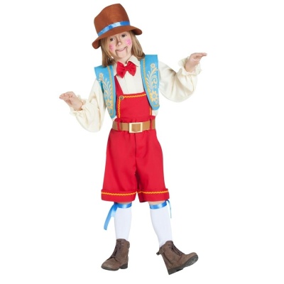 Fato infantil colorido com colete azul, calções vermelhos e chapéu castanho