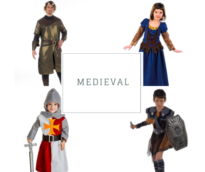 Quatro crianças em trajes medievais com o texto MEDIEVAL no centro