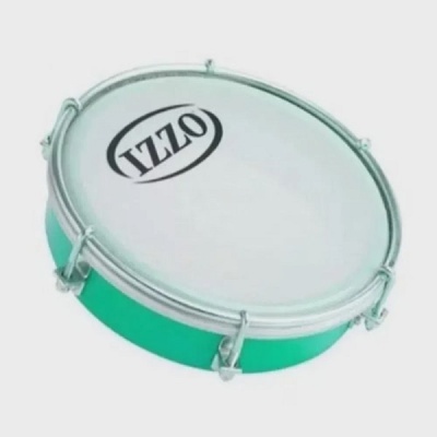 Tamborim com pele branca, corpo verde e marca IZZO