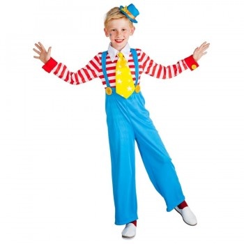 Fato infantil de palhaço colorido com calças azuis e camisa às riscas vermelhas e brancas