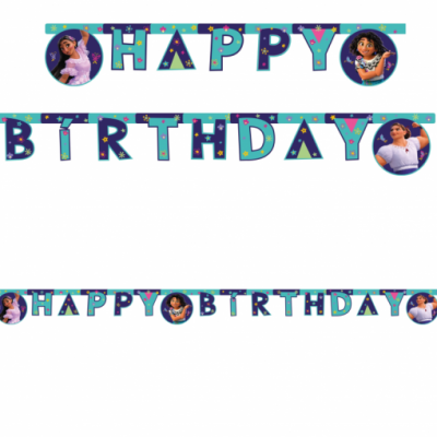 Faixas decorativas 'HAPPY BIRTHDAY' com personagens femininas e desenhos geométricos coloridos