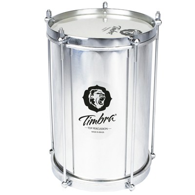 Tambor metálico prateado com logotipo Timbra