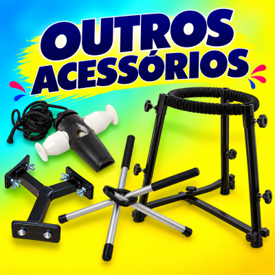 Acessórios variados em metal e plástico com texto OUTROS ACESSÓRIOS em fundo colorido
