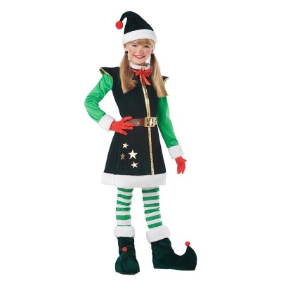 Criança com fantasia de duende de Natal com vestido, leggings às riscas, luvas vermelhas e gorro preto com pompom vermelho