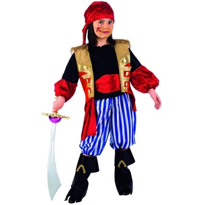 Fato de pirata infantil com colete dourado e vermelho e espada de plástico.