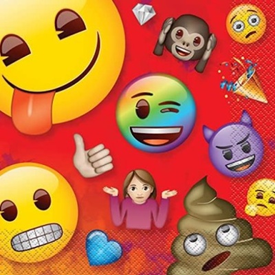 Diversos emojis coloridos sobre fundo vermelho