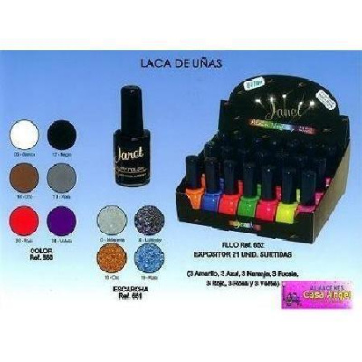 vernizes de unhas da marca Janet em expositor preto com várias cores e amostras de tons