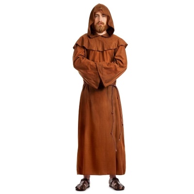 Túnica de monge castanha com capuz e mangas largas.