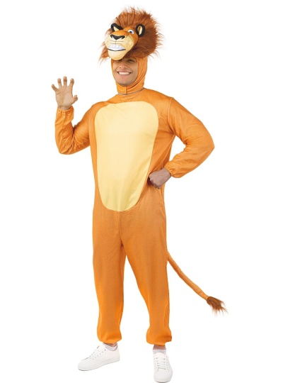 Pessoa vestida com fato de leão laranja e amarelo com cabeça de leão na cabeça