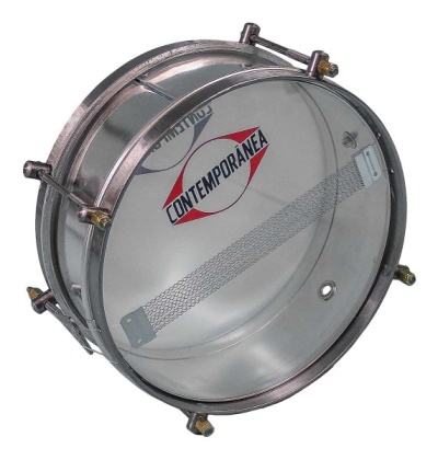 Tambor metálico com peles translúcidas e logotipo CONTEMPORÂNEA