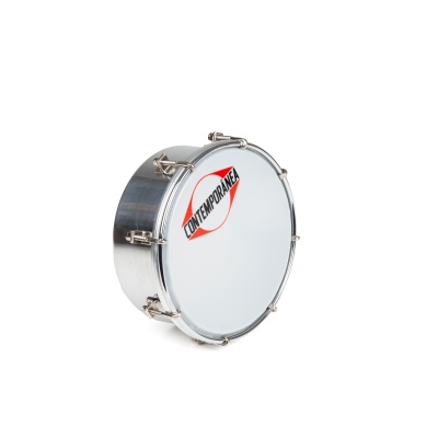 Tamborim metálico com pele branca e logótipo CONTEMPORÂNEA