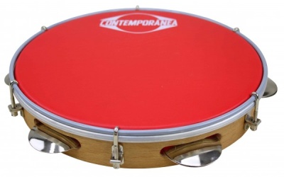 Pandeireta com pele vermelha e corpo de madeira