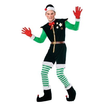 Fantasia de elfo de Natal com vestido preto e verde com estrelas douradas, meias às riscas e luvas vermelhas