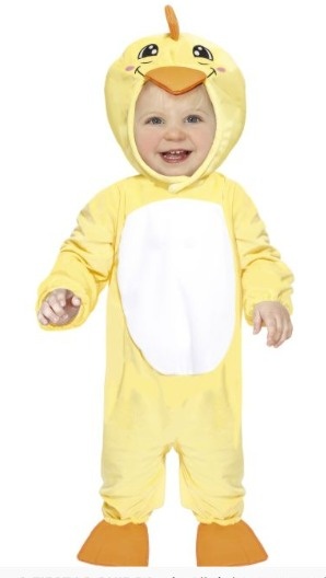 Bebé com fato de pato amarelo e branco com capuz e sapatinhos laranjas