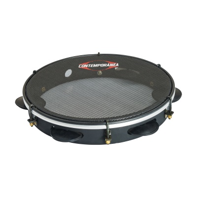 Pandeiro preto com aro metálico e logo CONTEMPORANEA.