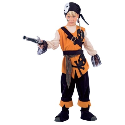 Fato de pirata para criança com colete laranja e estampa de caveira preta, calças pretas e acessórios.