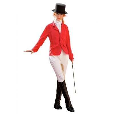 Pessoa vestida para equitação com casaco vermelho e chapéu preto